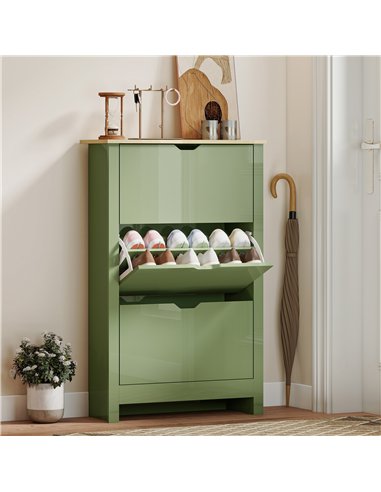 HOMCOM Slim Shoe Cabinet, Narrow Shoe Cupboard with 3 Flip Drawers, Adjustable Shelves for 18 Pairs of Shoes, High Gloss Green