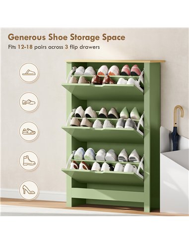 HOMCOM Slim Shoe Cabinet, Narrow Shoe Cupboard with 3 Flip Drawers, Adjustable Shelves for 18 Pairs of Shoes, High Gloss Green