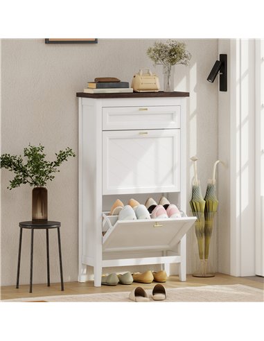 HOMCOM Shoe Cabinet with 2 Flip Drawers, Farmhouse Narrow Shoe Storage Cabinet with Adjustable Shelves, White