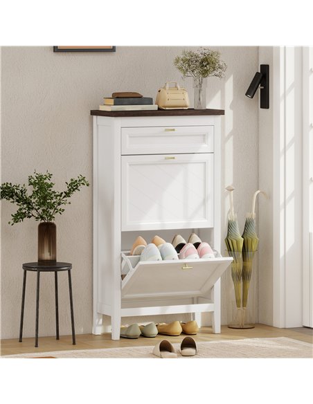 HOMCOM Shoe Cabinet with 2 Flip Drawers, Farmhouse Narrow Shoe Storage Cabinet with Adjustable Shelves, White - pic 190904 | FastDaddyshop
