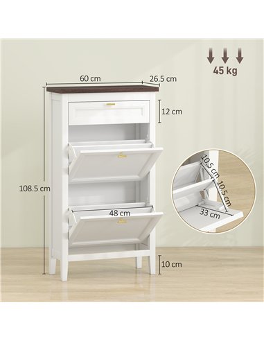 HOMCOM Shoe Cabinet with 2 Flip Drawers, Farmhouse Narrow Shoe Storage Cabinet with Adjustable Shelves, White