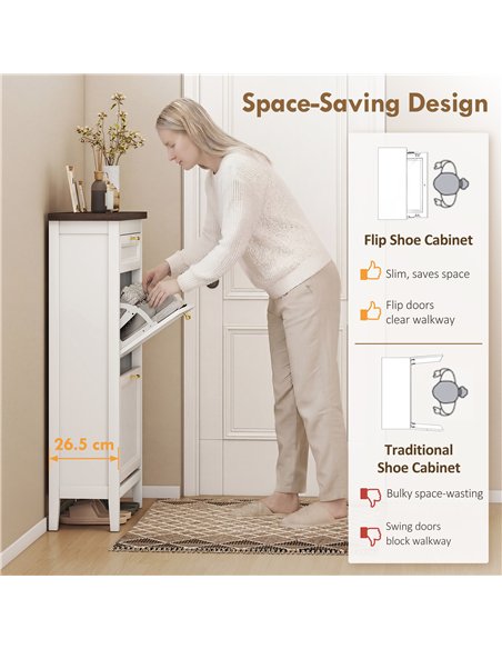 HOMCOM Shoe Cabinet with 2 Flip Drawers, Farmhouse Narrow Shoe Storage Cabinet with Adjustable Shelves, White - pic 190906 | FastDaddyshop