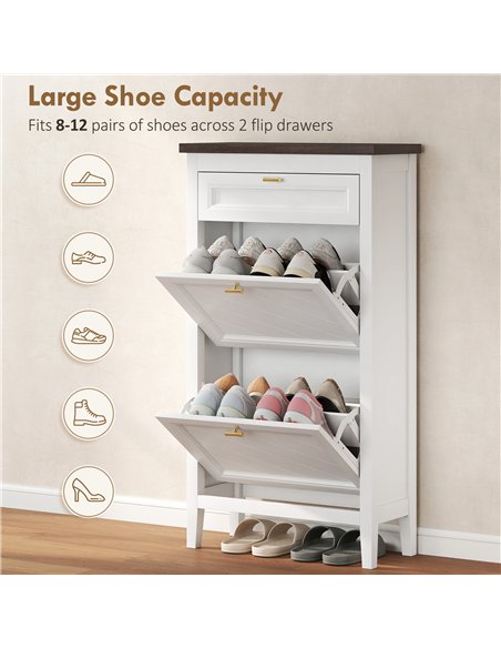 HOMCOM Shoe Cabinet with 2 Flip Drawers, Farmhouse Narrow Shoe Storage Cabinet with Adjustable Shelves, White - pic 190907 | FastDaddyshop