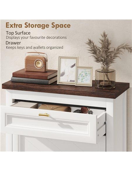 HOMCOM Shoe Cabinet with 2 Flip Drawers, Farmhouse Narrow Shoe Storage Cabinet with Adjustable Shelves, White - pic 190909 | FastDaddyshop