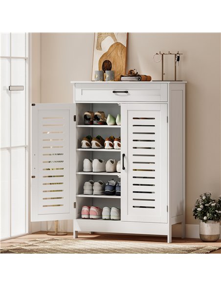HOMCOM Shoe Cabinet with Louvered Doors, Modern Shoe Storage Cabinet with Drawer and Adjustable Shelves, White - pic 190922 | FastDaddyshop