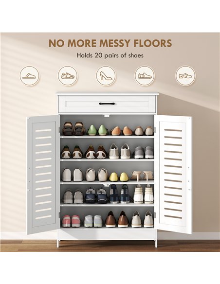 HOMCOM Shoe Cabinet with Louvered Doors, Modern Shoe Storage Cabinet with Drawer and Adjustable Shelves, White - pic 190924 | FastDaddyshop