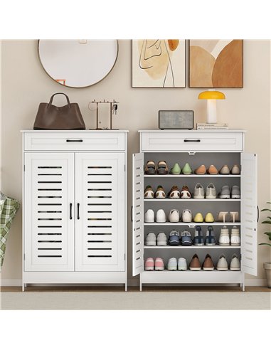 HOMCOM Shoe Cabinet with Louvered Doors, Modern Shoe Storage Cabinet with Drawer and Adjustable Shelves, White