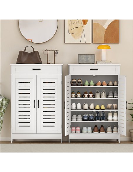 HOMCOM Shoe Cabinet with Louvered Doors, Modern Shoe Storage Cabinet with Drawer and Adjustable Shelves, White - pic 190928 | FastDaddyshop