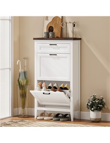 HOMCOM Shoe Cabinet with 2 Flip Drawers, Farmhouse Narrow Shoe Storage Cabinet with Adjustable Shelves, White
