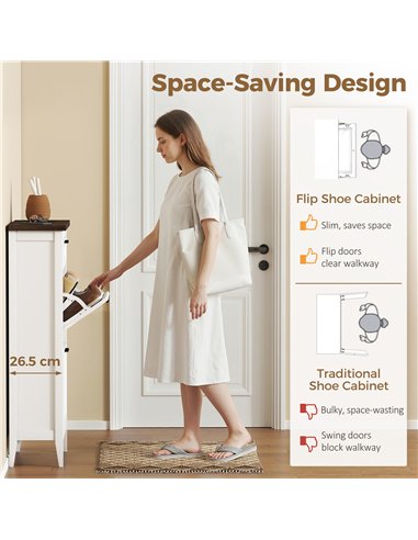 HOMCOM Shoe Cabinet with 2 Flip Drawers, Farmhouse Narrow Shoe Storage Cabinet with Adjustable Shelves, White