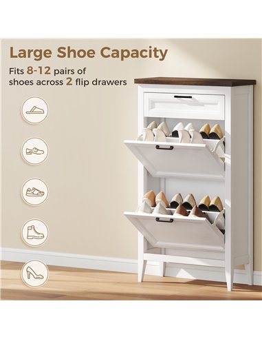 HOMCOM Shoe Cabinet with 2 Flip Drawers, Farmhouse Narrow Shoe Storage Cabinet with Adjustable Shelves, White