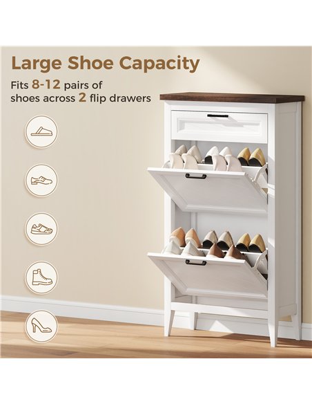 HOMCOM Shoe Cabinet with 2 Flip Drawers, Farmhouse Narrow Shoe Storage Cabinet with Adjustable Shelves, White - pic 190934 | FastDaddyshop