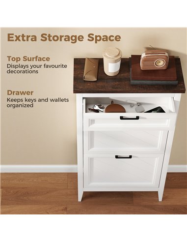 HOMCOM Shoe Cabinet with 2 Flip Drawers, Farmhouse Narrow Shoe Storage Cabinet with Adjustable Shelves, White