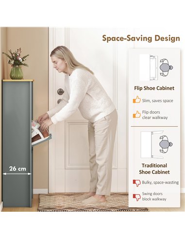 HOMCOM Slim Shoe Cabinet, Narrow Shoe Cupboard with 3 Flip Drawers, Adjustable Shelves for 18 Pairs of Shoes, Light Grey