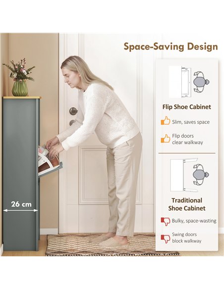 HOMCOM Slim Shoe Cabinet, Narrow Shoe Cupboard with 3 Flip Drawers, Adjustable Shelves for 18 Pairs of Shoes, Light Grey - pic 190942 | FastDaddyshop