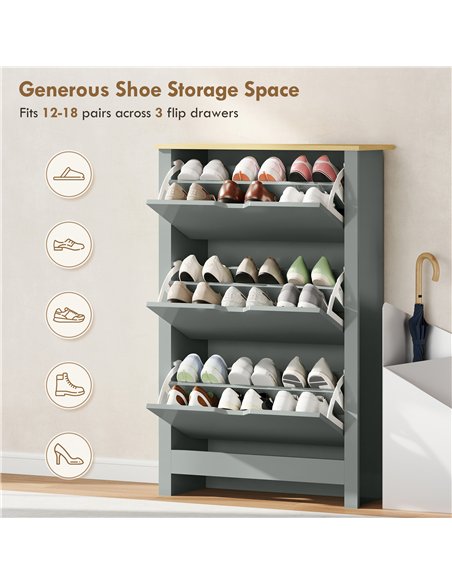 HOMCOM Slim Shoe Cabinet, Narrow Shoe Cupboard with 3 Flip Drawers, Adjustable Shelves for 18 Pairs of Shoes, Light Grey - pic 190943 | FastDaddyshop