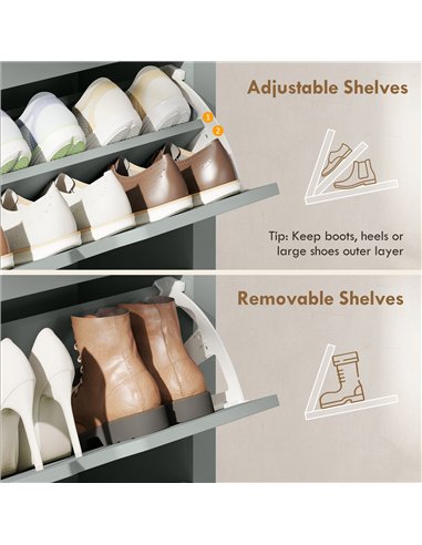 HOMCOM Slim Shoe Cabinet, Narrow Shoe Cupboard with 3 Flip Drawers, Adjustable Shelves for 18 Pairs of Shoes, Light Grey