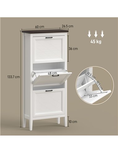 HOMCOM Shoe Cabinet with 3 Flip Drawers, Farmhouse Narrow Shoe Storage Cabinet with Adjustable Shelves, White