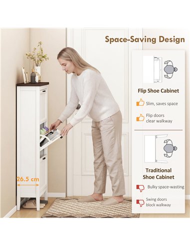 HOMCOM Shoe Cabinet with 3 Flip Drawers, Farmhouse Narrow Shoe Storage Cabinet with Adjustable Shelves, White