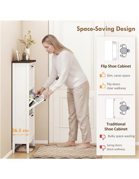 HOMCOM Shoe Cabinet with 3 Flip Drawers, Farmhouse Narrow Shoe Storage Cabinet with Adjustable Shelves, White - pic 190951 | FastDaddyshop