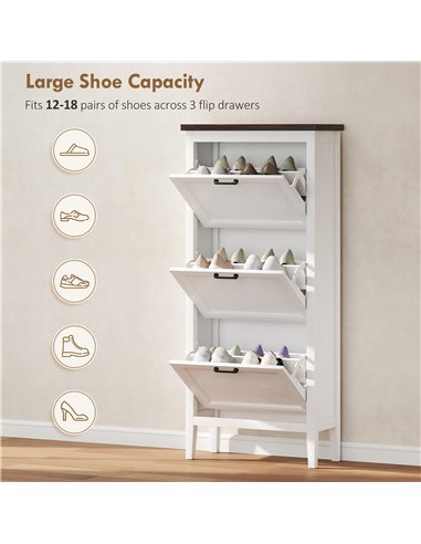 HOMCOM Shoe Cabinet with 3 Flip Drawers, Farmhouse Narrow Shoe Storage Cabinet with Adjustable Shelves, White