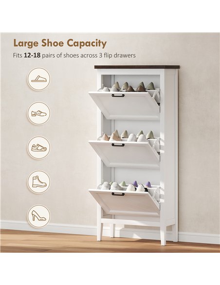 HOMCOM Shoe Cabinet with 3 Flip Drawers, Farmhouse Narrow Shoe Storage Cabinet with Adjustable Shelves, White - pic 190952 | FastDaddyshop