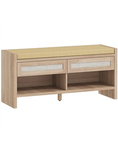 HOMCOM Boho Shoe Bench with 2 Rattan Drawers, Shoe Storage Bench with Cushioned Seat and Open Shelf Oak Wood Effect