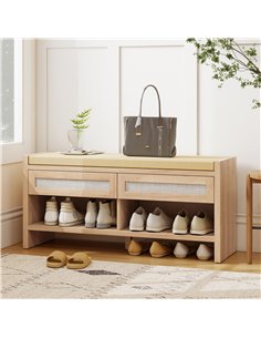HOMCOM Boho Shoe Bench with 2 Rattan Drawers, Shoe Storage Bench with Cushioned Seat and Open Shelf Oak Wood Effect 2