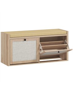 HOMCOM Rattan Shoe Bench with Padded Cushion and 2 Cabinets for Hidden Storage, Oak Wood Effect