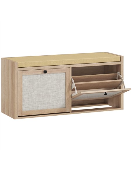 HOMCOM Rattan Shoe Bench with Padded Cushion and 2 Cabinets for Hidden Storage, Oak Wood Effect - pic 190966 | FastDaddyshop