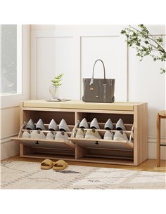 HOMCOM Rattan Shoe Bench with Padded Cushion and 2 Cabinets for Hidden Storage, Oak Wood Effect 2