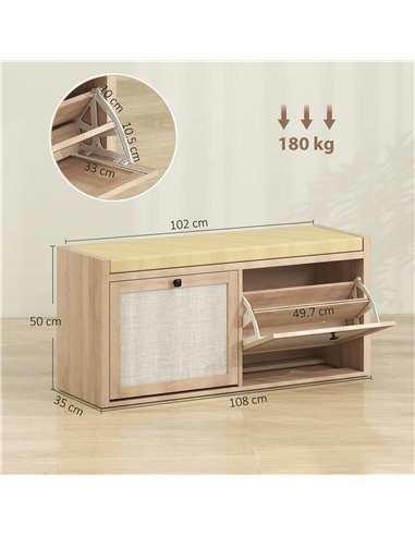 HOMCOM Rattan Shoe Bench with Padded Cushion and 2 Cabinets for Hidden Storage, Oak Wood Effect