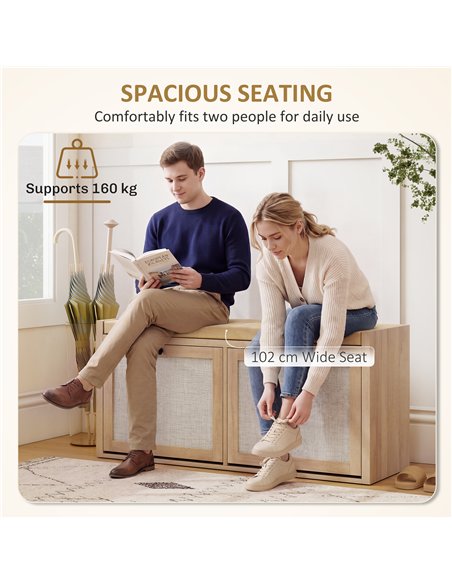 HOMCOM Rattan Shoe Bench with Padded Cushion and 2 Cabinets for Hidden Storage, Oak Wood Effect - pic 190971 | FastDaddyshop