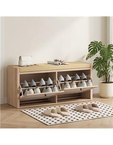 HOMCOM Rattan Shoe Bench with Padded Cushion and 2 Cabinets for Hidden Storage, Oak Wood Effect
