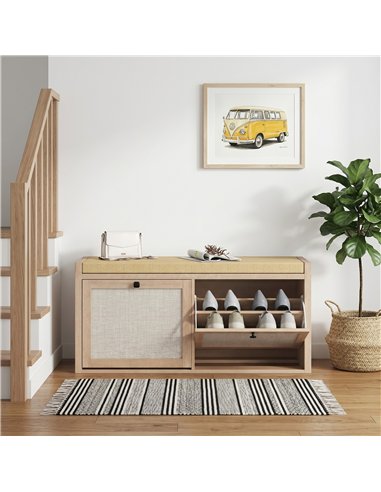 HOMCOM Rattan Shoe Bench with Padded Cushion and 2 Cabinets for Hidden Storage, Oak Wood Effect