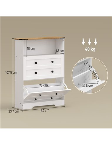 HOMCOM Shoe Cabinet with 2 Flip Drawers, Narrow Shoe Storage Cabinet, White