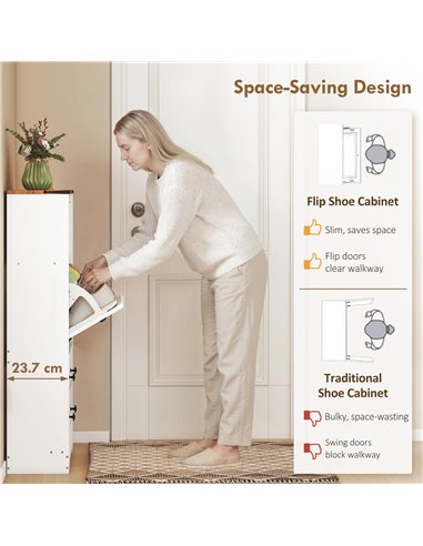 HOMCOM Shoe Cabinet with 2 Flip Drawers, Narrow Shoe Storage Cabinet, White