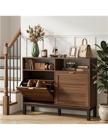 HOMCOM Shoe Cabinet with 2 Flip Drawers, Narrow Shoe Storage Top for Entryway Hallway, Rustic Brown