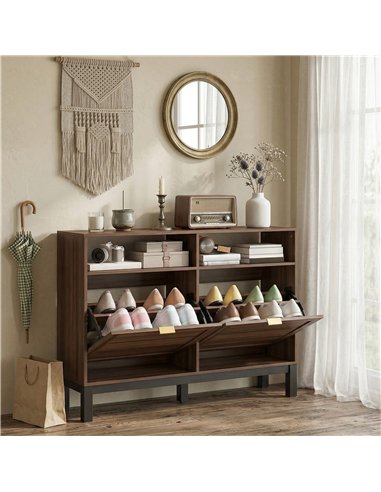 HOMCOM Shoe Cabinet with 2 Flip Drawers, Narrow Shoe Storage Top for Entryway Hallway, Rustic Brown