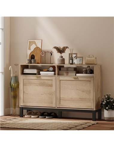 HOMCOM Shoe Cabinet with 2 Flip Drawers, Narrow Shoe Storage Top for Entryway Hallway, Walnut Brown