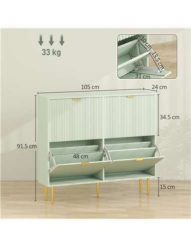 HOMCOM Elegant Four-Drawer Shoe Cabinet - Light Green