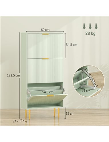 HOMCOM Elegant Three-Drawer Shoe Cabinet - Light Green