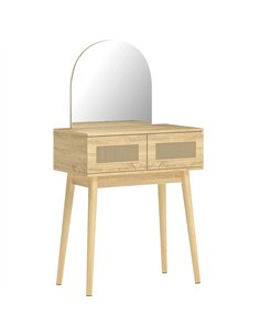 HOMCOM Dressing Table, Compact Vanity Desk with Mirror and 2 Drawers, Natural Wood Finish
