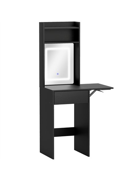 HOMCOM Small Vanity Desk with Mirror and LED Lights, Compact Dressing Table with Drop Leaf, Open Shelves and Drawer, Black - pic 191047 | FastDaddyshop