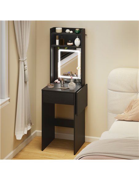 HOMCOM Small Vanity Desk with Mirror and LED Lights, Compact Dressing Table with Drop Leaf, Open Shelves and Drawer, Black - pic 191048 | FastDaddyshop