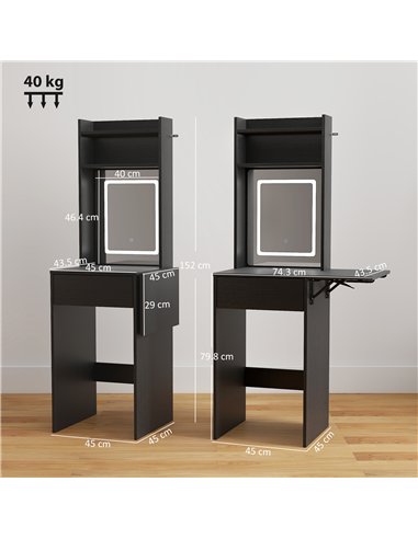 HOMCOM Small Vanity Desk with Mirror and LED Lights, Compact Dressing Table with Drop Leaf, Open Shelves and Drawer, Black