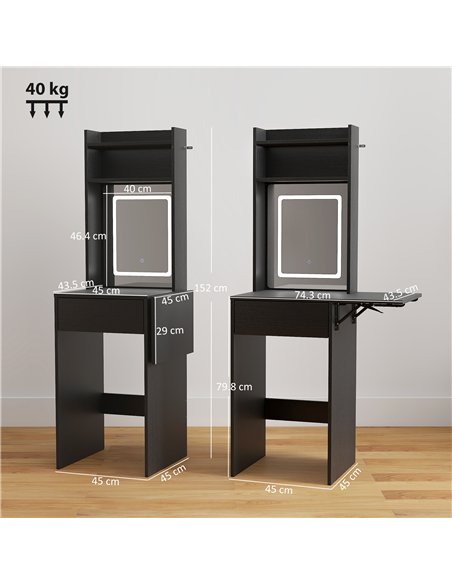 HOMCOM Small Vanity Desk with Mirror and LED Lights, Compact Dressing Table with Drop Leaf, Open Shelves and Drawer, Black - pic 191049 | FastDaddyshop
