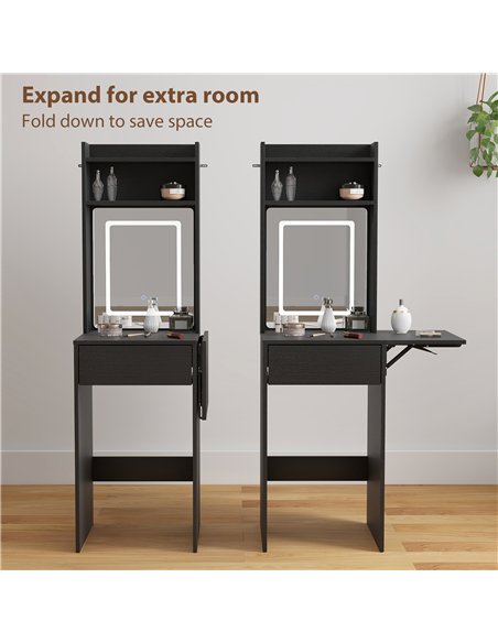 HOMCOM Small Vanity Desk with Mirror and LED Lights, Compact Dressing Table with Drop Leaf, Open Shelves and Drawer, Black - pic 191051 | FastDaddyshop