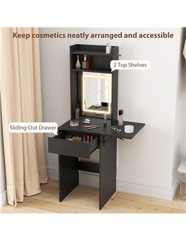 HOMCOM Small Vanity Desk with Mirror and LED Lights, Compact Dressing Table with Drop Leaf, Open Shelves and Drawer, Black