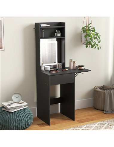 HOMCOM Small Vanity Desk with Mirror and LED Lights, Compact Dressing Table with Drop Leaf, Open Shelves and Drawer, Black